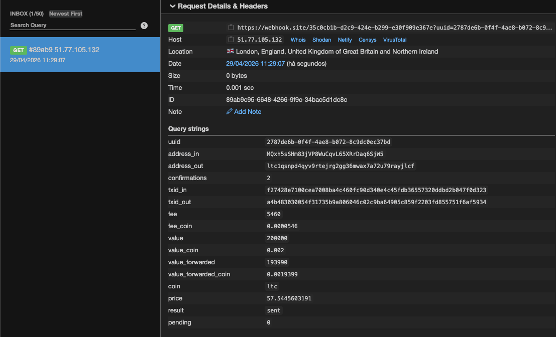 webhook.site showing the incoming BlockBee callback