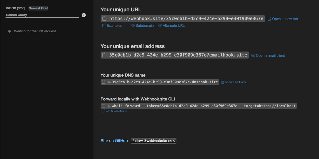 webhook.site landing with a unique URL