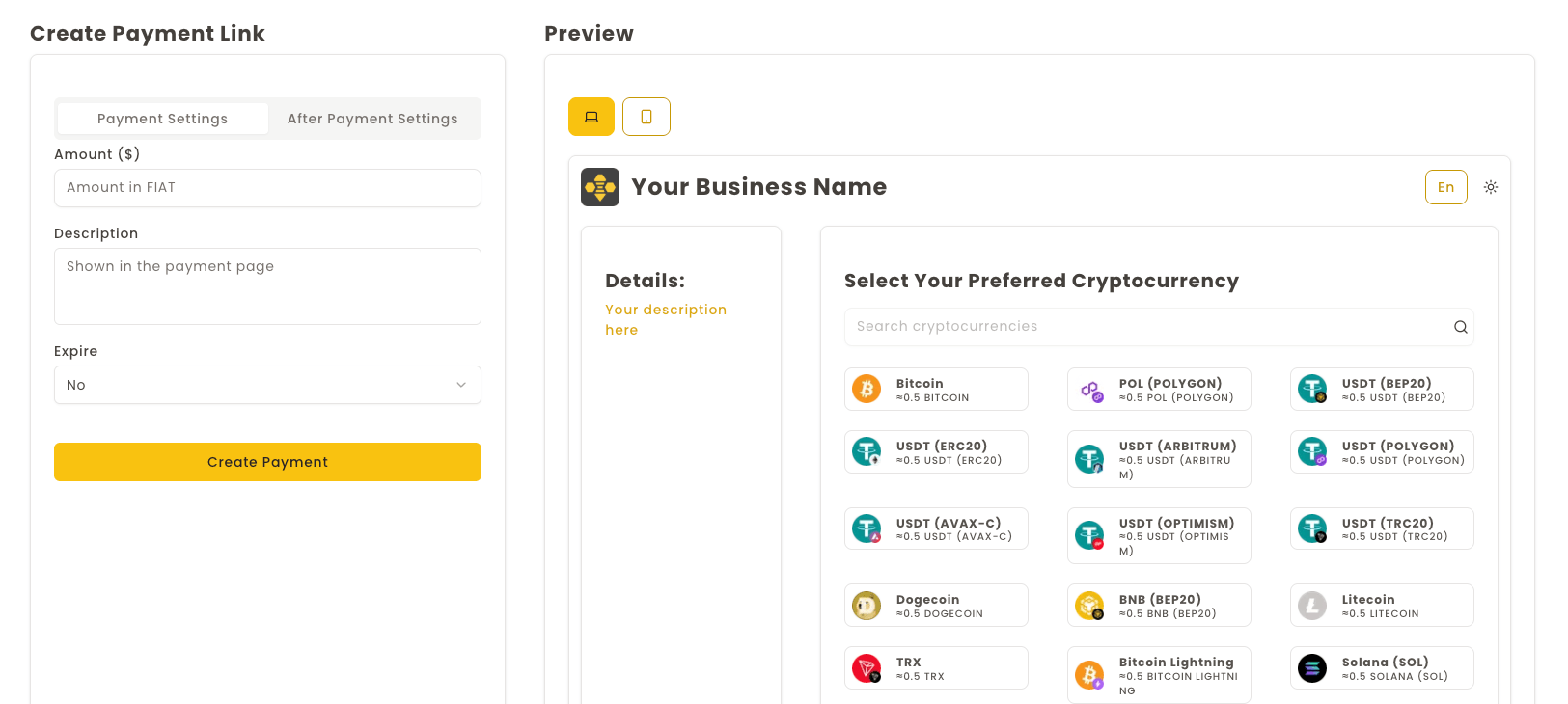 BlockBee Payment Link Creation Form