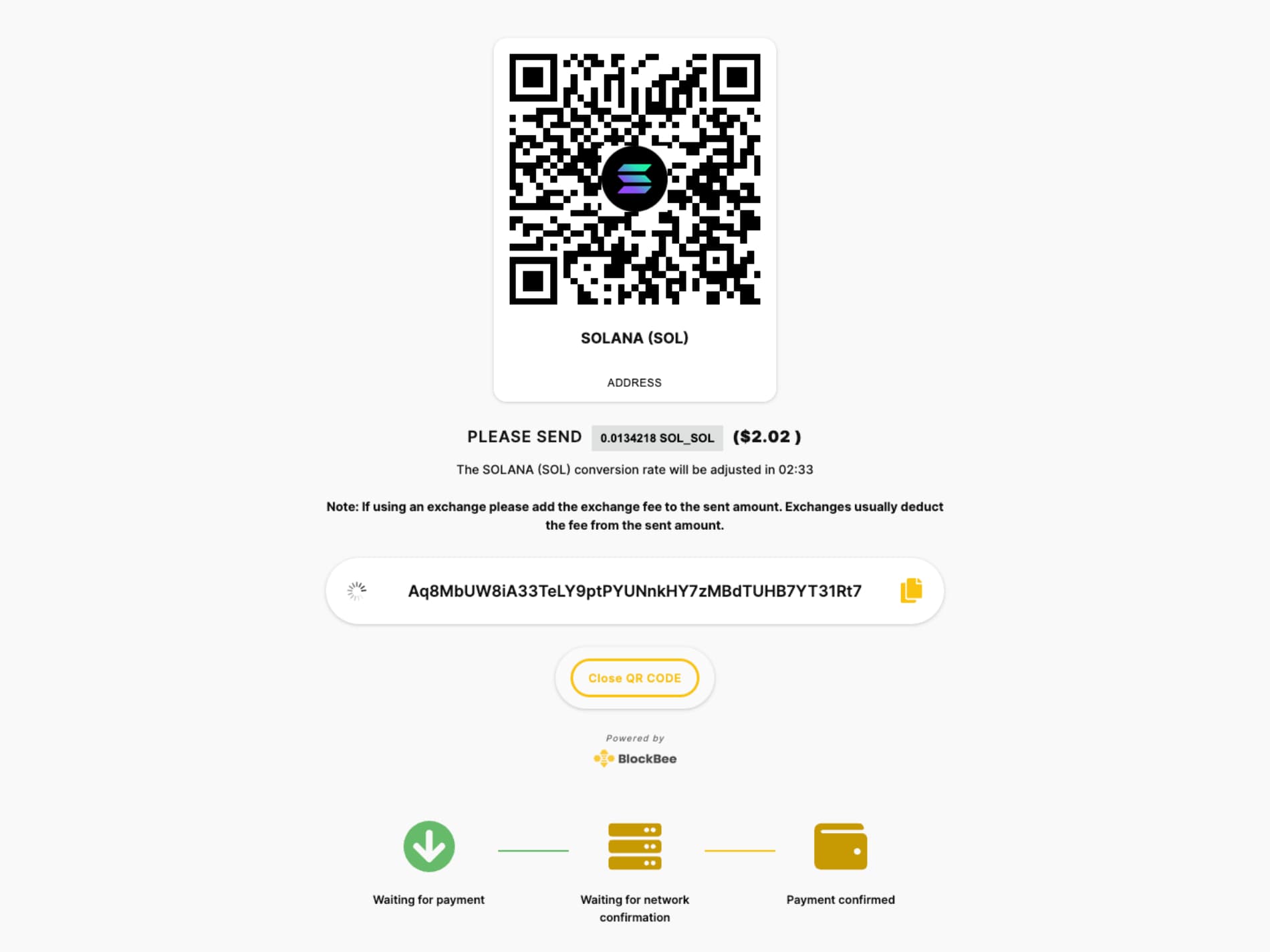 Example of BlockBee's Custom Payment Flow taken from WooCommerce Plugin