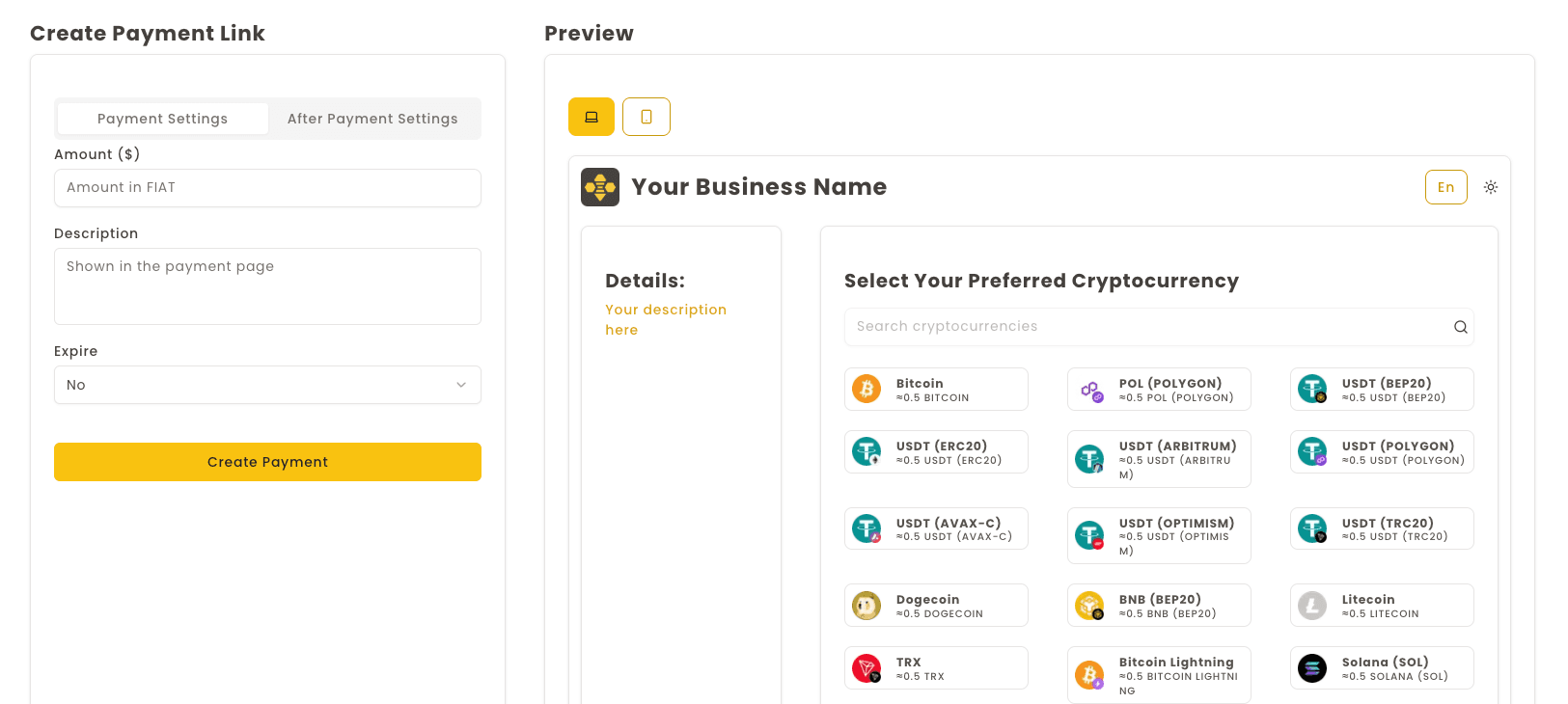 BlockBee Payment Link Creation Form