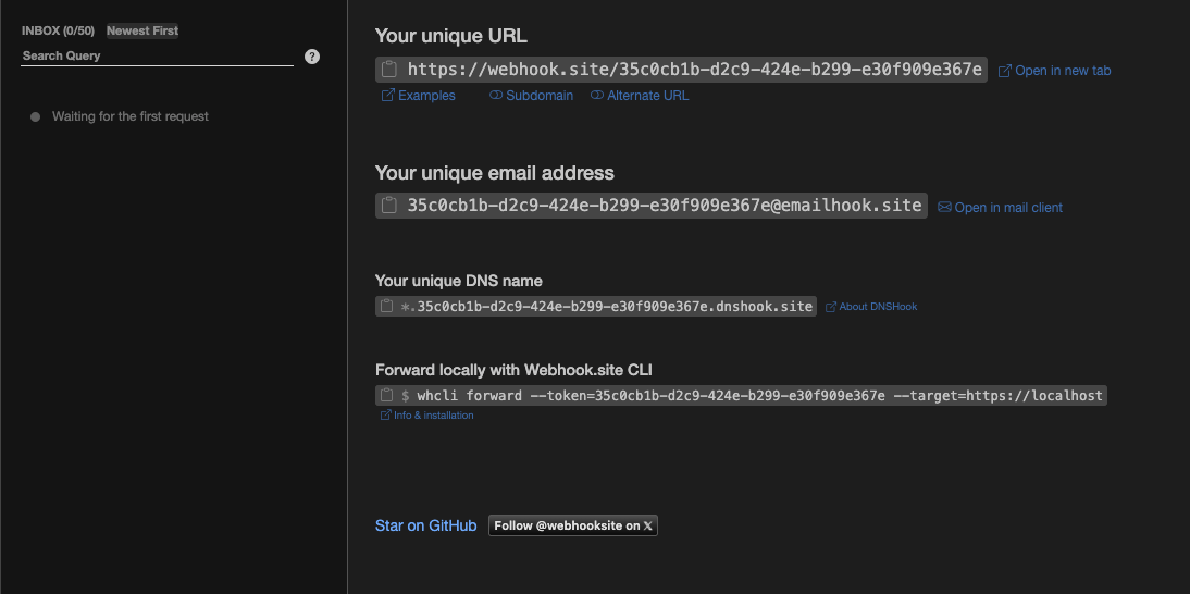 webhook.site landing with a unique URL