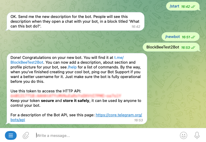 Creating a new bot with BotFather